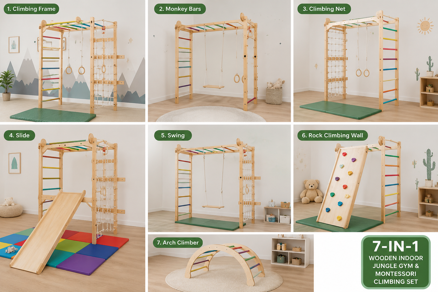 7-in-1 Wooden Indoor Jungle Gym & Montessori Climbing Set