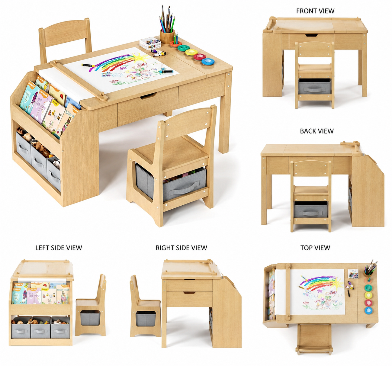 All-in-One Kids' Wooden Activity Table with Integrated Bookcase & Storage