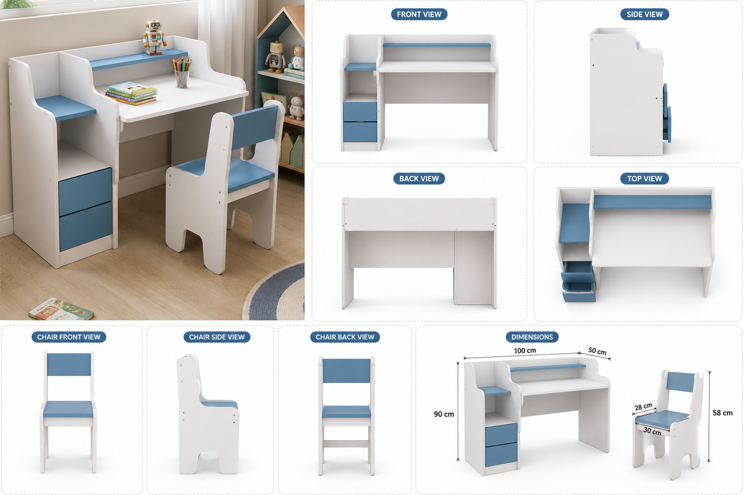 Wooden Kids Study Table with Bookshelf & Drawers