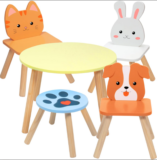 Kids Wooden Animal Table & Chair Set w 4 Seats- Puppy Kitten Bunny Plus Adult Stool for Arts Furniture for HomeCrafts Activity, Dining, Pretend Play