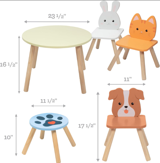 Kids Wooden Animal Table & Chair Set w 4 Seats- Puppy Kitten Bunny Plus Adult Stool for Arts Furniture for HomeCrafts Activity, Dining, Pretend Play