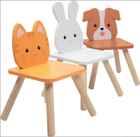 Kids Wooden Animal Table & Chair Set w 4 Seats- Puppy Kitten Bunny Plus Adult Stool for Arts Furniture for HomeCrafts Activity, Dining, Pretend Play
