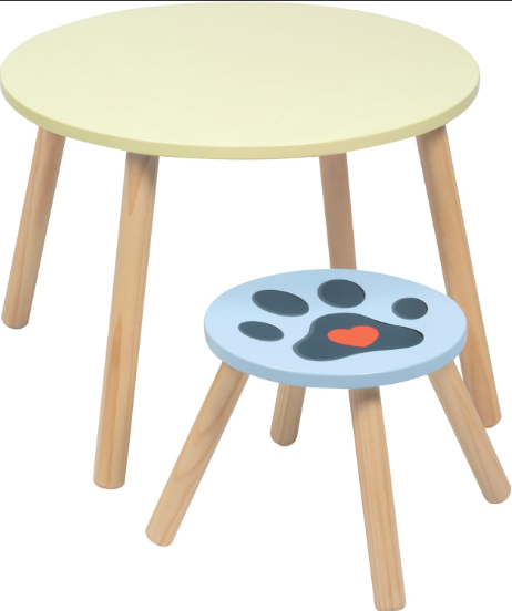 Kids Wooden Animal Table & Chair Set w 4 Seats- Puppy Kitten Bunny Plus Adult Stool for Arts Furniture for HomeCrafts Activity, Dining, Pretend Play
