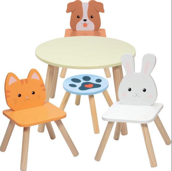 Kids Wooden Animal Table & Chair Set w 4 Seats- Puppy Kitten Bunny Plus Adult Stool for Arts Furniture for HomeCrafts Activity, Dining, Pretend Play