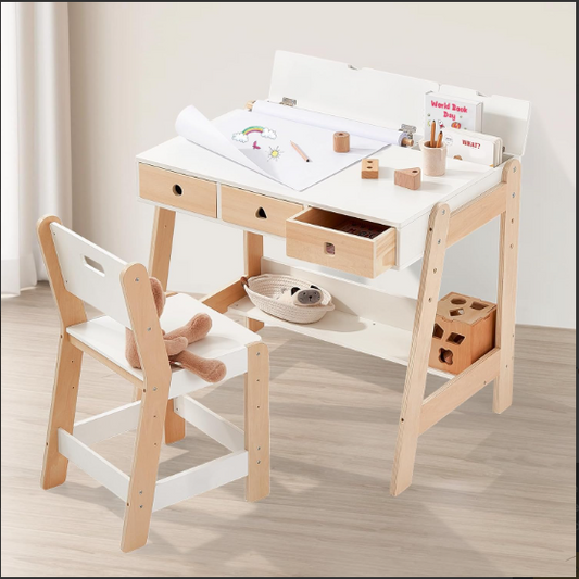 Kids Wooden Table and Chair Set, Study Desk and Chair Set with Storage Drawer, White Learning Table with Cabinets for Boys and Girls Ages 3-12 Years,Suitable for Home