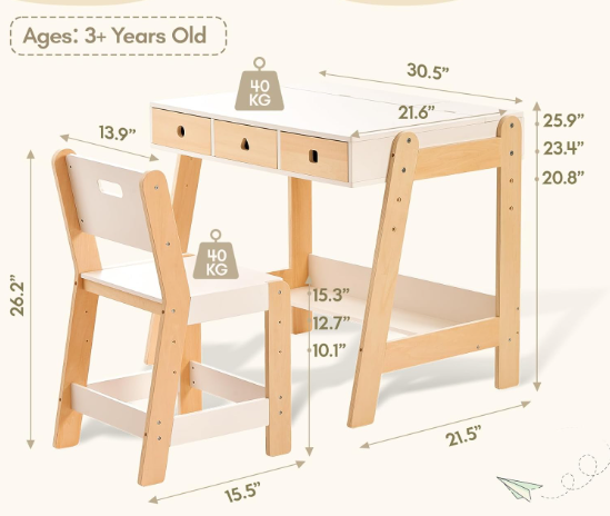Kids Wooden Table and Chair Set, Study Desk and Chair Set with Storage Drawer, White Learning Table with Cabinets for Boys and Girls Ages 3-12 Years,Suitable for Home
