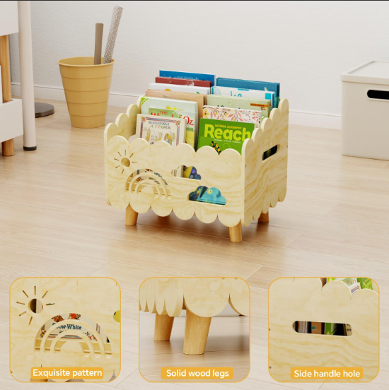 Wood Kids Bookshelf, Montessori Bookshelf, with 2 Adjustable Dividers Kids Rooms