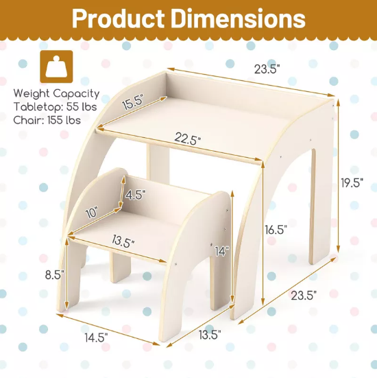 Kids Desk and Chair Set Wooded Toddler Table and Chair Set with Proper Height White