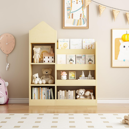 Wooden Toy Storage Organizer, 4-Tier Kids Bookshelf with 6 Compartments, Toddler Book and Toy Organizer for Playroom