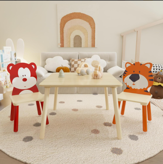 Kids Table and Chair Set, Wooden Toddler Table Set with 2 Chairs, Children Adorably Animal Activity Table for Reading, Drawing, Eating, Studying, Parent-Child Interaction Activity Play