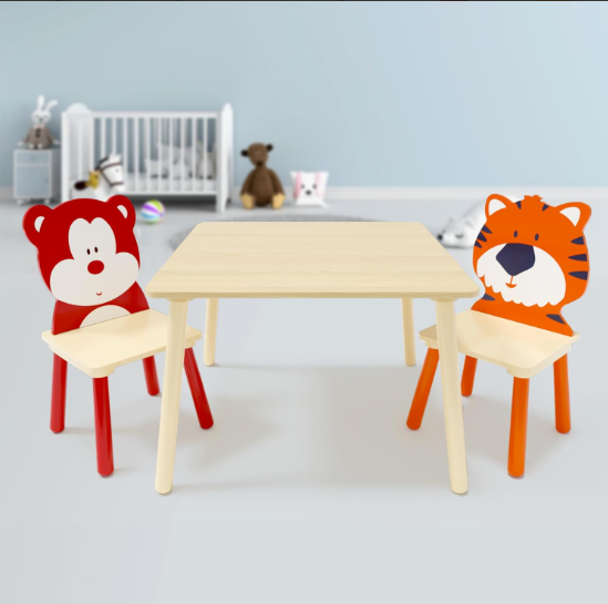 Kids Table and Chair Set, Wooden Toddler Table Set with 2 Chairs, Children Adorably Animal Activity Table for Reading, Drawing, Eating, Studying, Parent-Child Interaction Activity Play