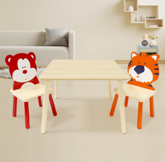 Kids Table and Chair Set, Wooden Toddler Table Set with 2 Chairs, Children Adorably Animal Activity Table for Reading, Drawing, Eating, Studying, Parent-Child Interaction Activity Play