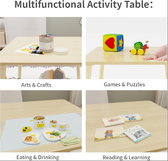 Kids Table and Chair Set, Wooden Toddler Table Set with 2 Chairs, Children Adorably Animal Activity Table for Reading, Drawing, Eating, Studying, Parent-Child Interaction Activity Play
