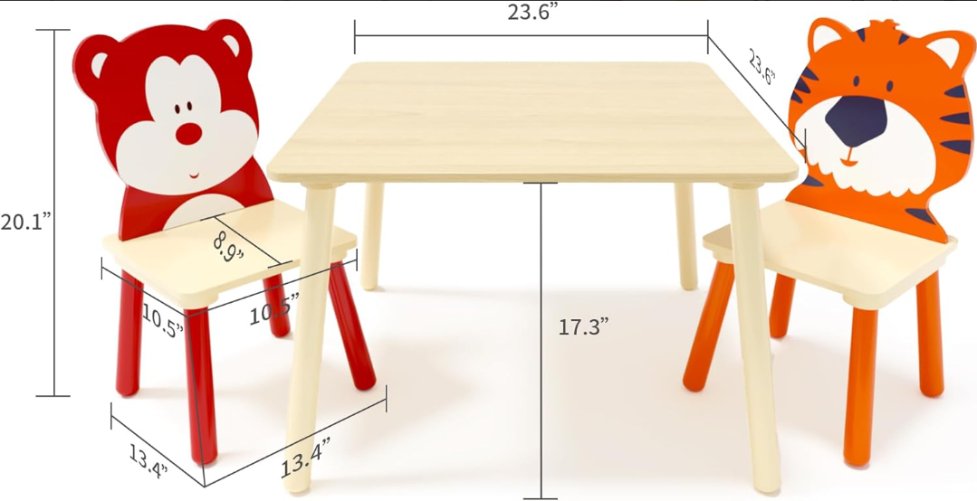 Kids Table and Chair Set, Wooden Toddler Table Set with 2 Chairs, Children Adorably Animal Activity Table for Reading, Drawing, Eating, Studying, Parent-Child Interaction Activity Play
