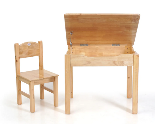 Wooden 1 Seater Study Table & Chair for 3 to 8 Year Kids with Lift Up Top Storage (Wooden, Natural Color)