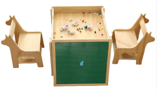 Children's Table and Chair Set With Storage - Multifunctional Block Play Set for Education, Study, Drawing - Gift for Kids in Rubber Wood