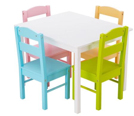 White Table With Colourful Chairs For Kids in normal wood