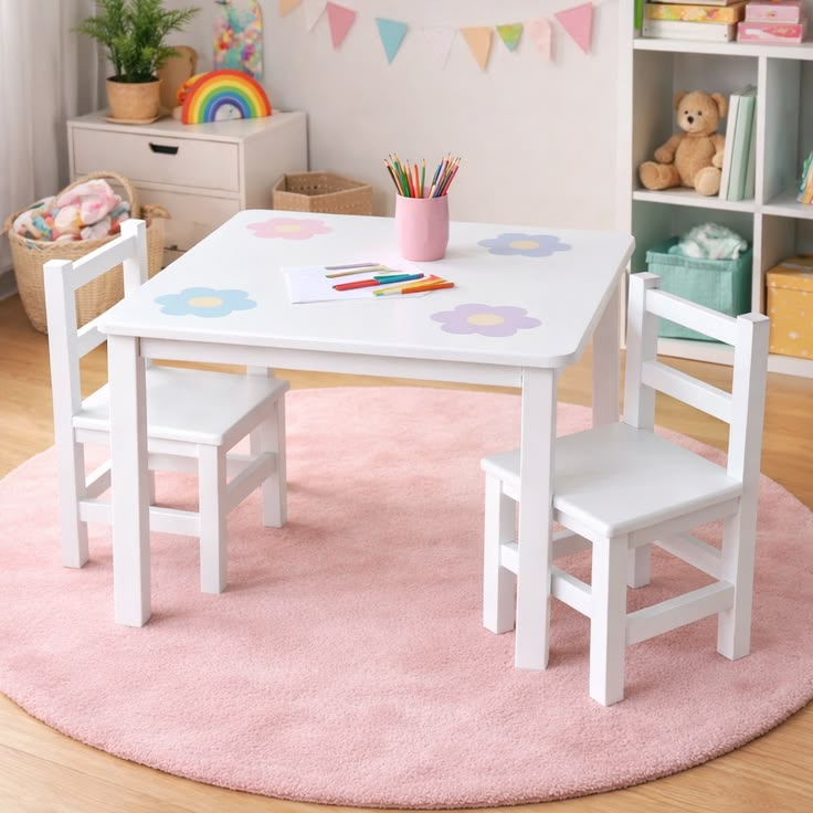 White Wooden Kids' Study Table & Chair Set
