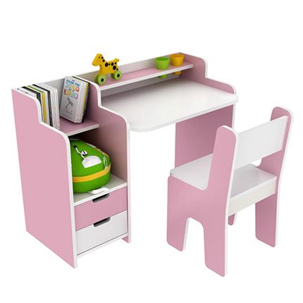 Pink & White Wooden Kids' Study Desk with Built-in Bookcase