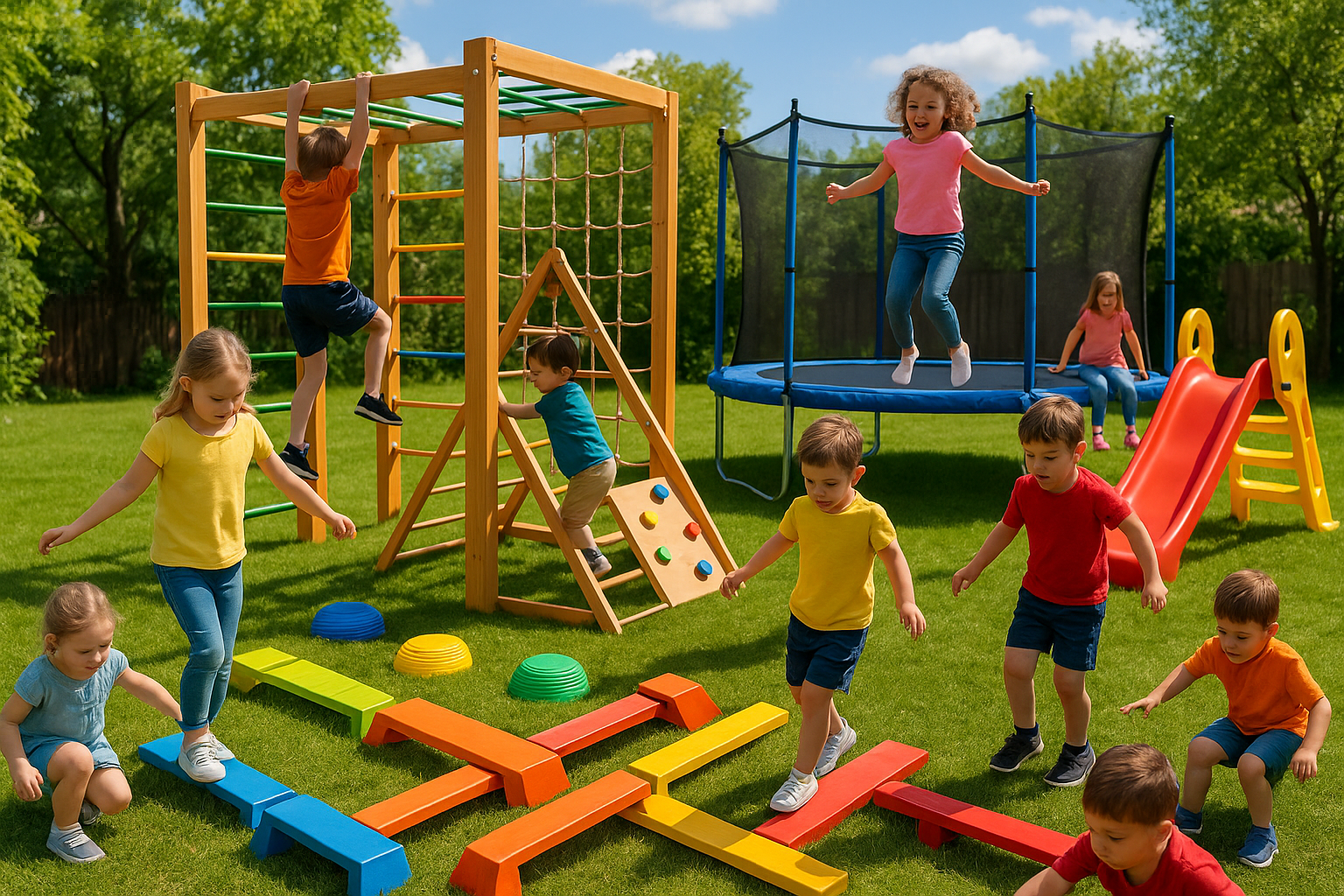 Products that boost physical activity of kids ( include wooden jungle gyms, pikers,wooden balancing boards, wooden balancing beams and non wooden trampolines , slides etc )