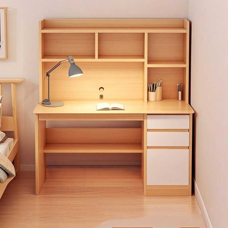 Minimalist Oak Wooden Study Desk with High-Capacity Organizer