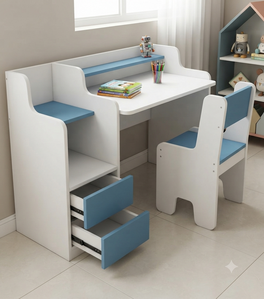 Wooden Kids Study Table with Bookshelf & Drawers