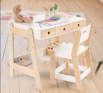 Kids Wooden Table and Chair Set, Study Desk and Chair Set with Storage Drawer, White Learning Table with Cabinets for Boys and Girls Ages 3-12 Years,Suitable for Home