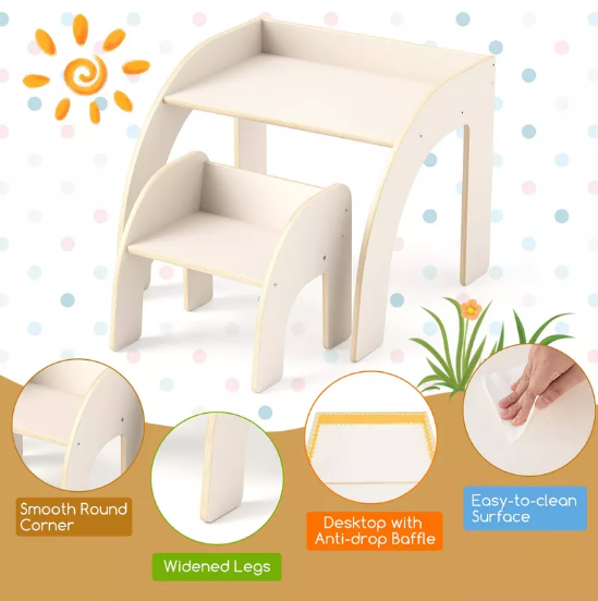 Kids Desk and Chair Set Wooded Toddler Table and Chair Set with Proper Height White