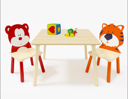 Kids Table and Chair Set, Wooden Toddler Table Set with 2 Chairs, Children Adorably Animal Activity Table for Reading, Drawing, Eating, Studying, Parent-Child Interaction Activity Play