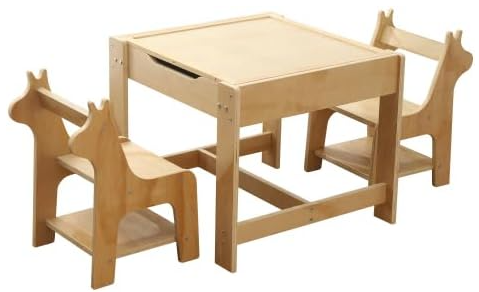 Children's Table and Chair Set With Storage - Multifunctional Block Play Set for Education, Study, Drawing - Gift for Kids in Rubber Wood