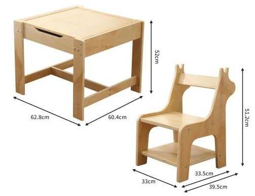 Children's Table and Chair Set With Storage - Multifunctional Block Play Set for Education, Study, Drawing - Gift for Kids in Rubber Wood