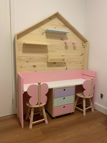 Deluxe Wooden House-Frame Double Study Desk with Butterfly Chairs