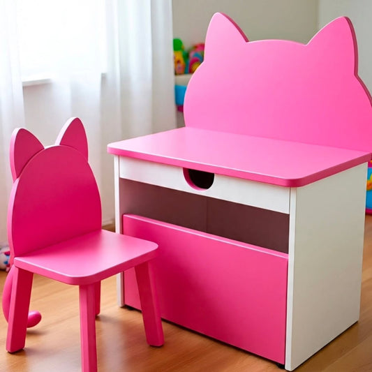 Pink Wooden Cat-Themed Kids' Study Desk & Storage Chair Set