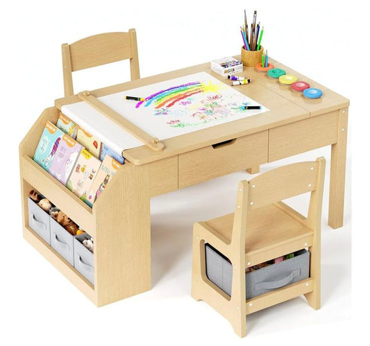 All-in-One Kids' Wooden Activity Table with Integrated Bookcase & Storage